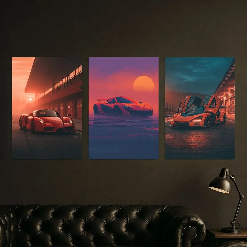Three neon-toned car posters styled above a dark sofa