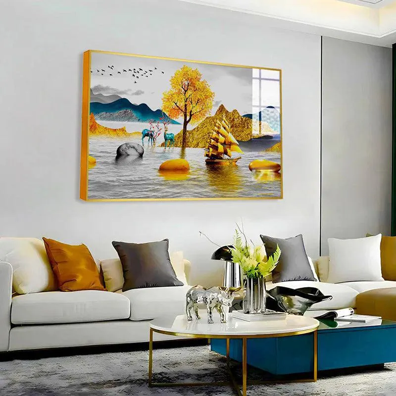 Gilded Waters Modern Canvas Wall Art With Frame - Gold media 4