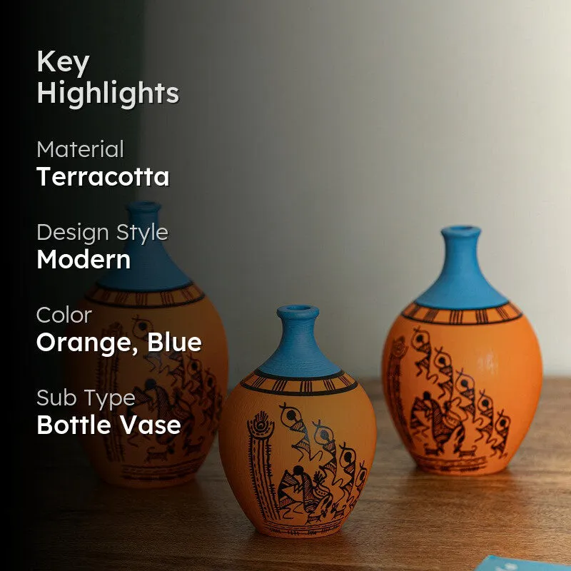 Warli Tales Vases - Set of 3 (Orange, Blue) media 2