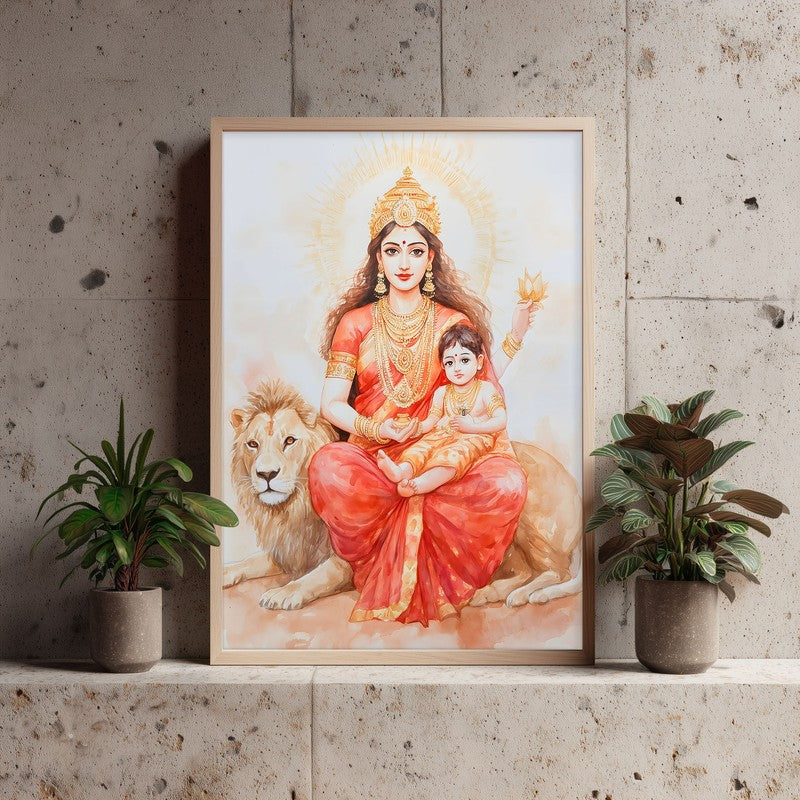 Jaya Durga Mata Spiritual Archival Paper Wall Painting - Natural Brown Frame media 3