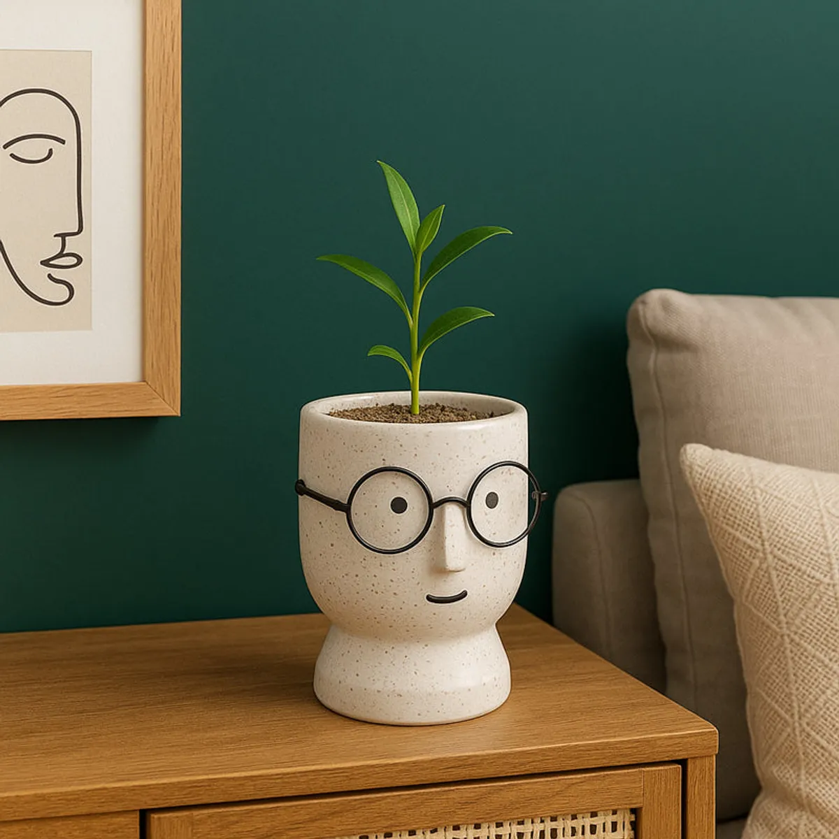 White ceramic face planter with glasses styled on a bedside table