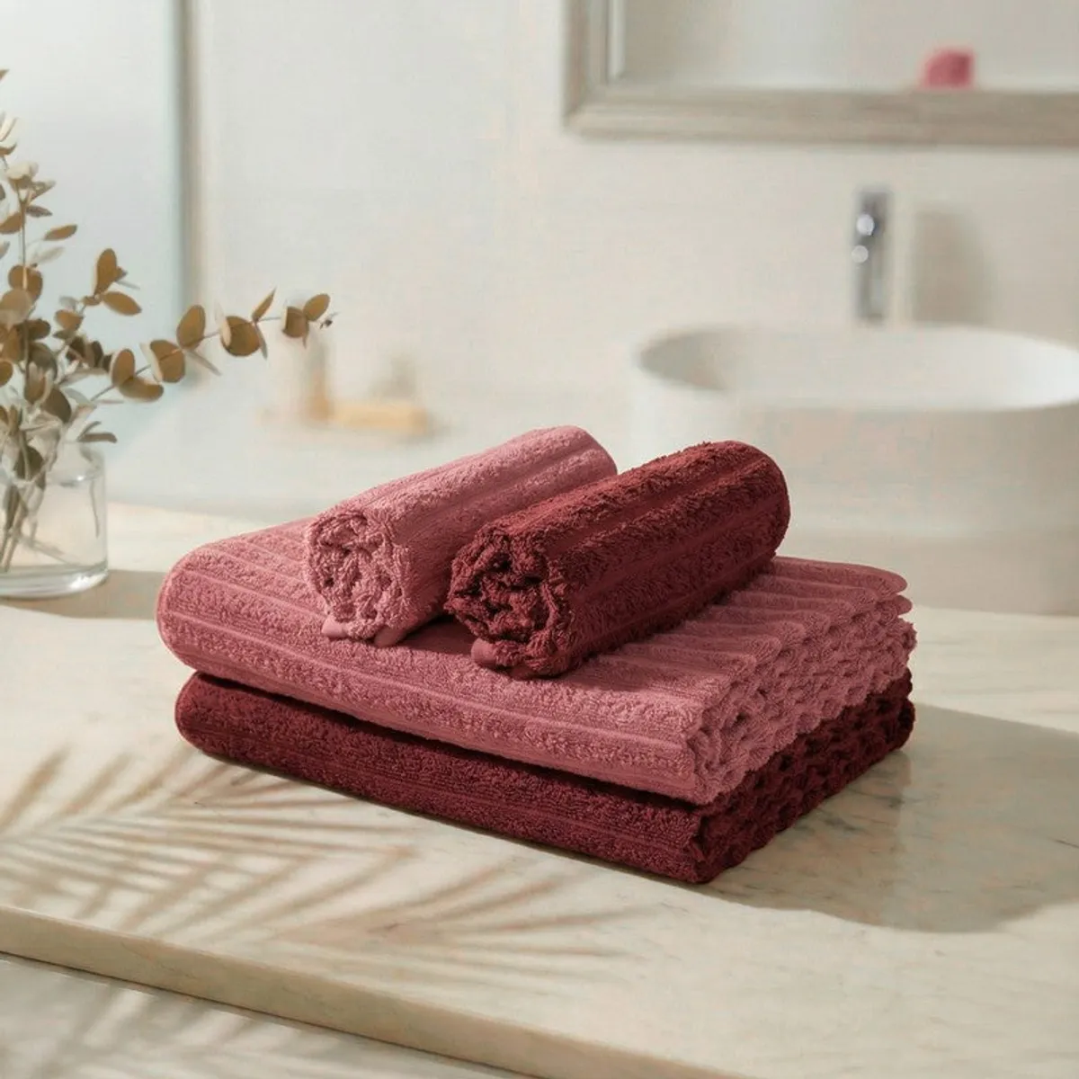 Stacked maroon and pink bath and hand towels on a counter