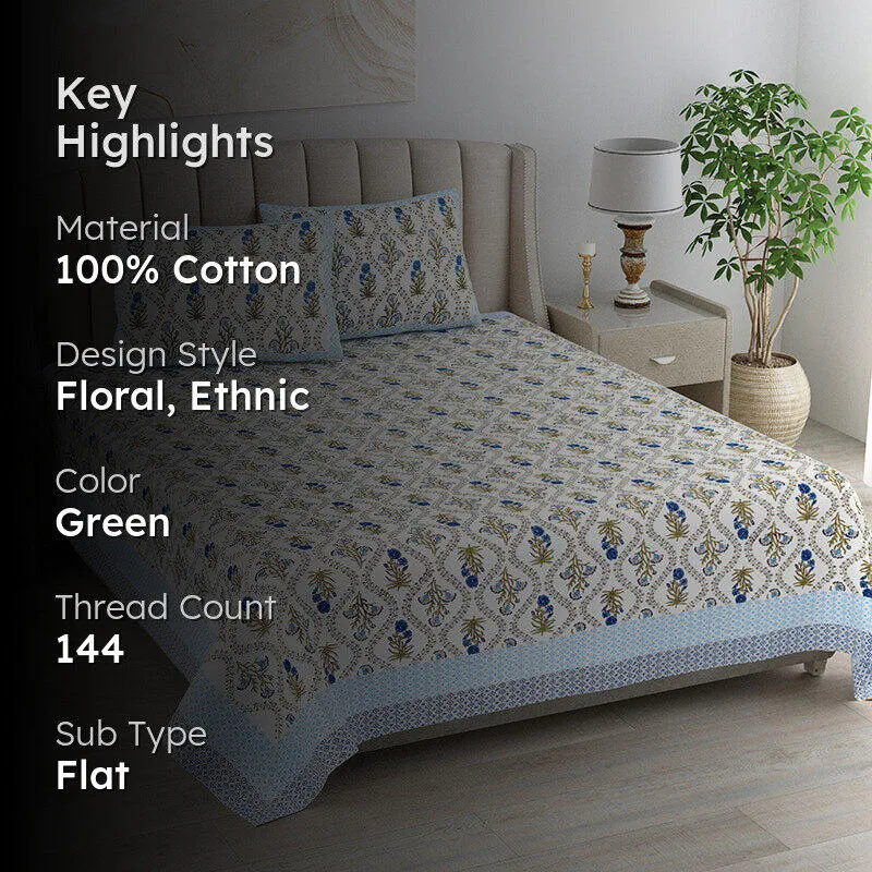 Ethnik Blooms Cotton Bedsheet (Blue) - 144 TC media 2