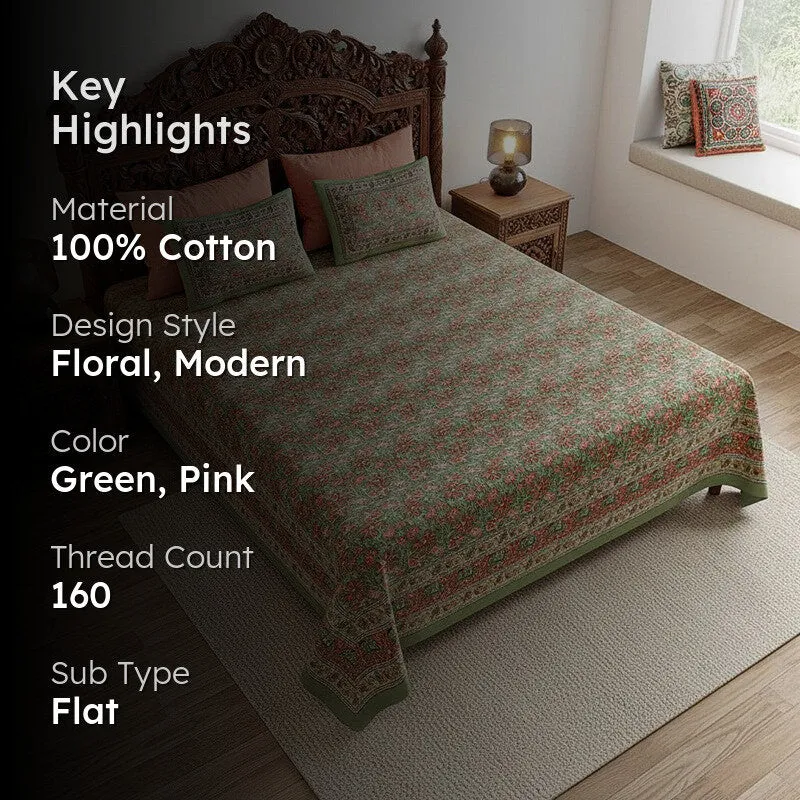Aayushi Cotton Bedsheet (Green, Peach) - 180 TC media 2
