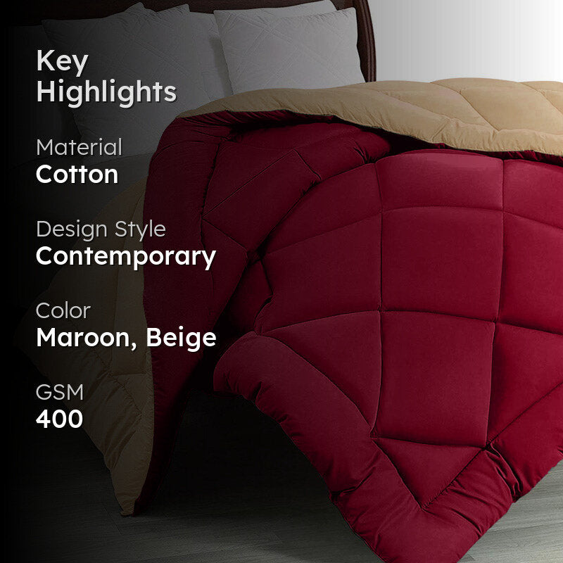 Wide Checkered Dual Color Cotton Comforter (Maroon & Beige)  - 400 GSM media 2