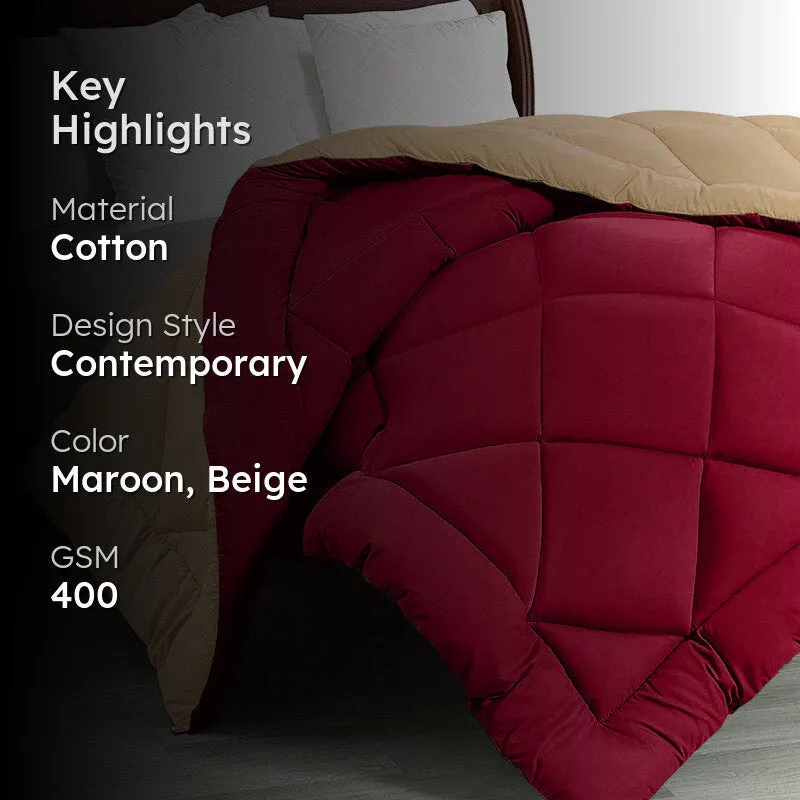 Wide Checkered Dual Color Cotton Comforter (Maroon & Beige) - 400 GSM media 2