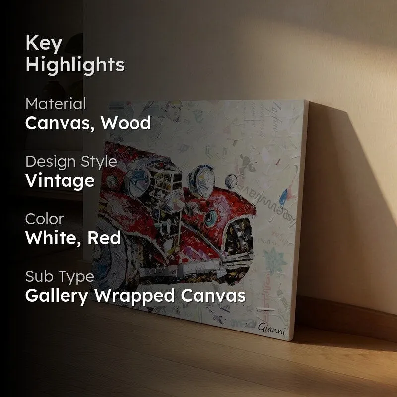 Styled room image showing red vintage car gallery-wrapped canvas artwork