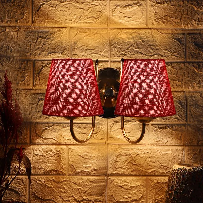 Veda Duo Conical Fabric & Metal Wall Lamp - Maroon media 1