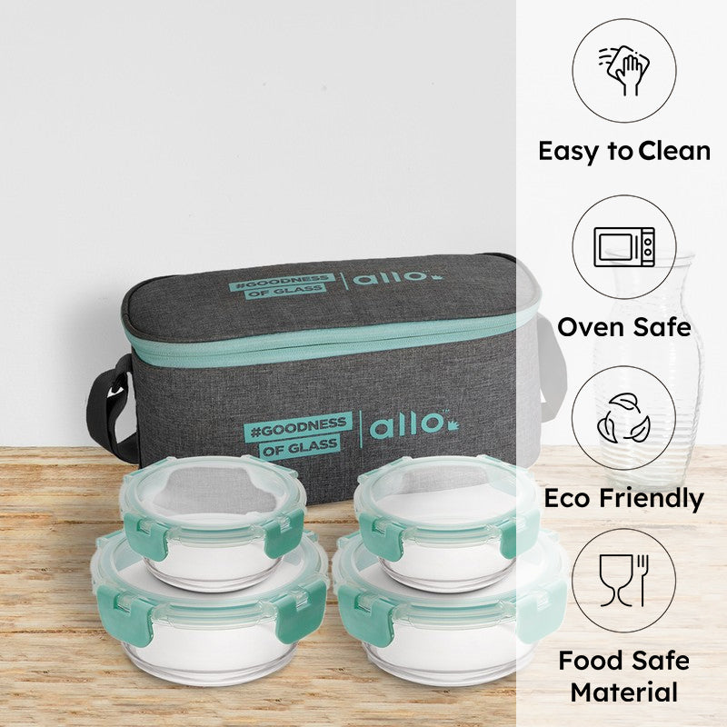 Grunty Leak Proof Glass Lunch Box with Bag- Set of Four