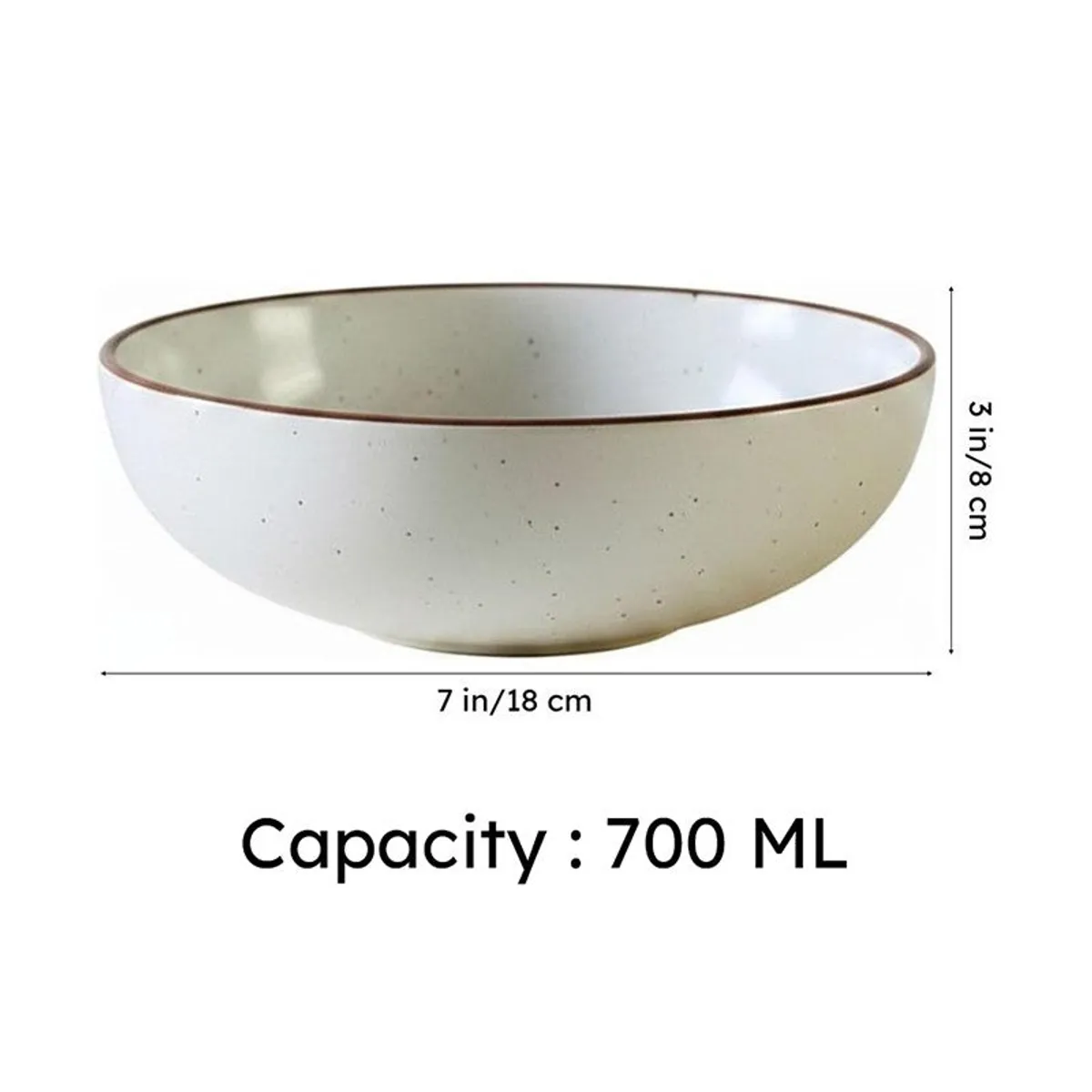 Single beige bowl with brown rim shown with dimensions and 700 mL capacity.