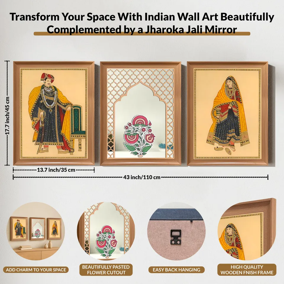 Pastel Mughal Garden Mirror Wall Painting - Set Of Three media 4