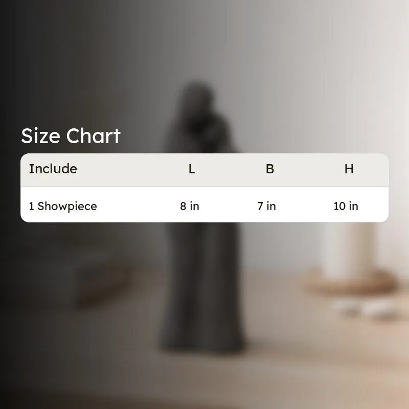 Blurred grey figurine in the background with a size chart overlay