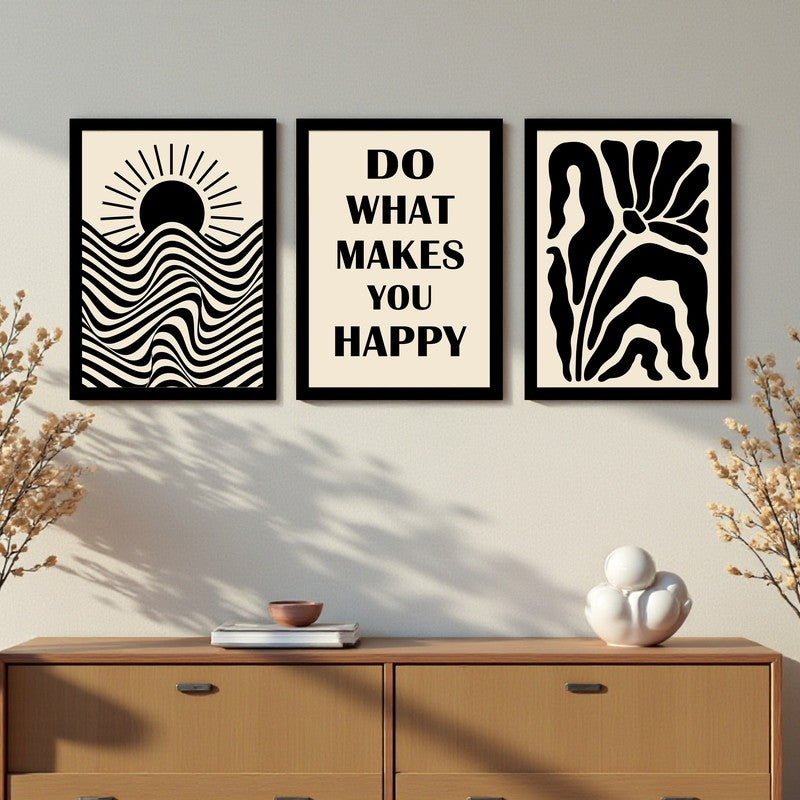 Do What Makes You Happy Paper Wall Painting With Frame - Set Of Three