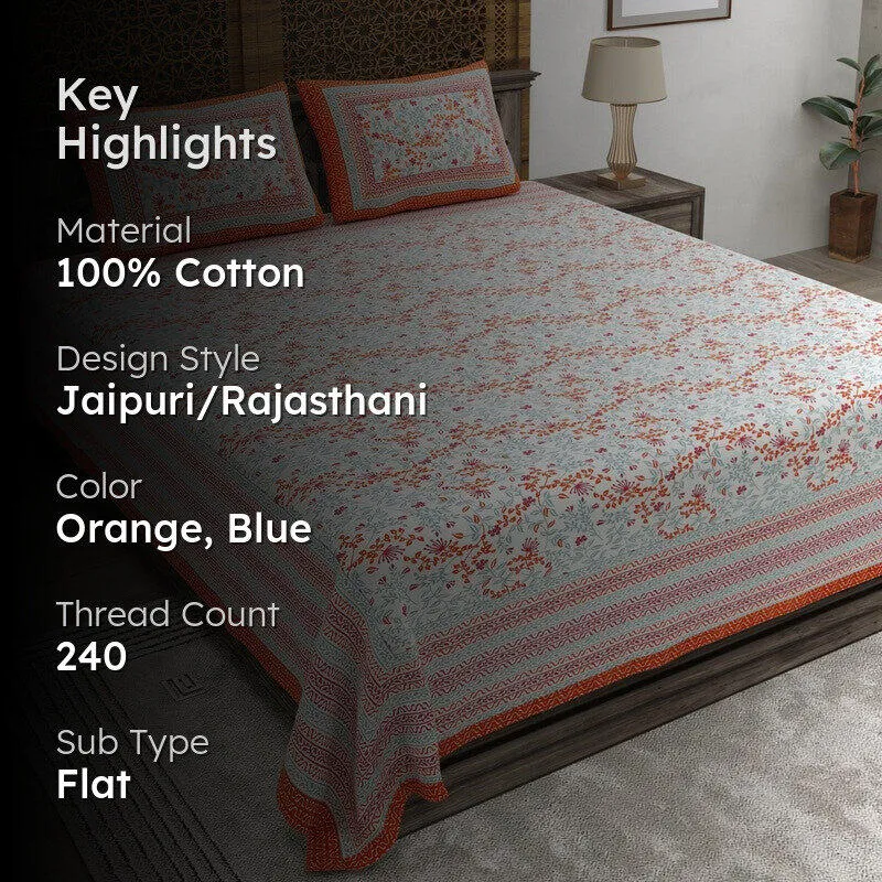 Aurava Cotton Bedsheet (Orange,Blue) - 240 TC media 2