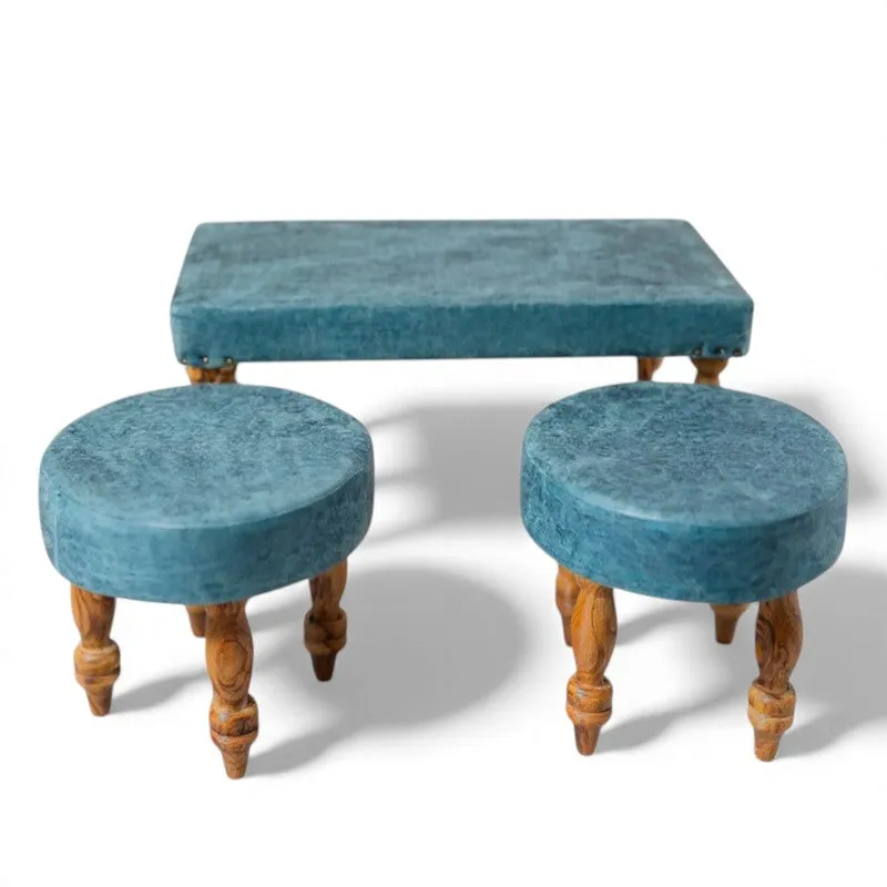 Dexon Sheesham Wooden Bench with Stools (Blue) - Three Piece Set media 3