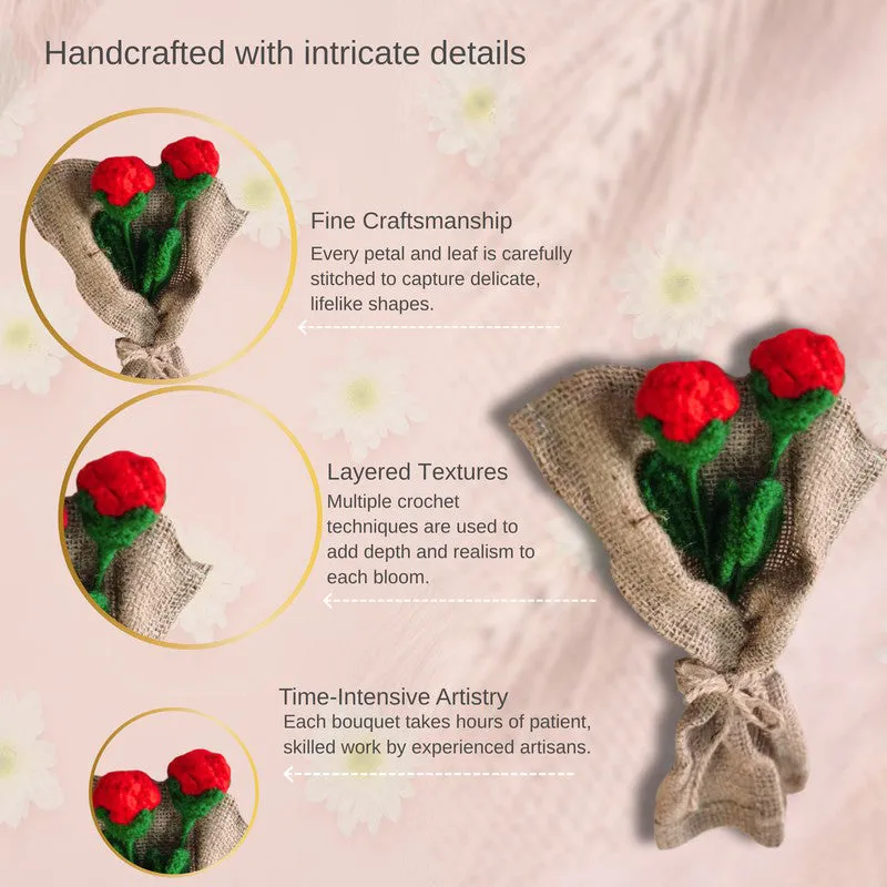 Crochet Handmade Rose Bouquet (Red,Green) - Set Of Two media 4