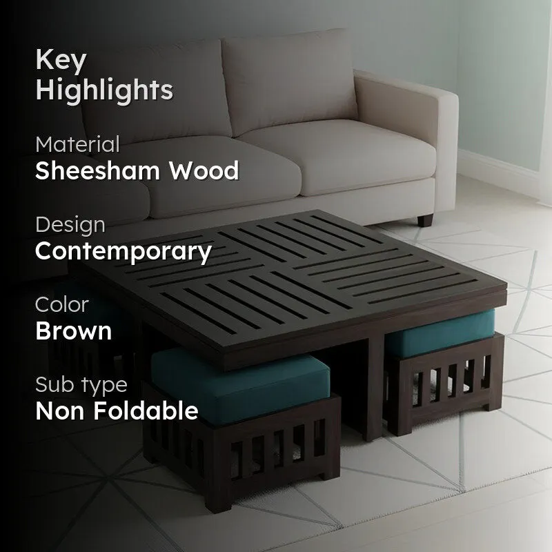Hexiron Sheesham Wooden Center Table with Stools and Cushions (Brown,Blue) - Nine Piece Set media 2