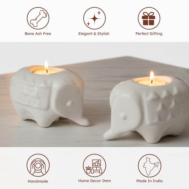 Ebony Elephant Ceramic Tea Light Candle Holders (White) - Set Of Two media 6