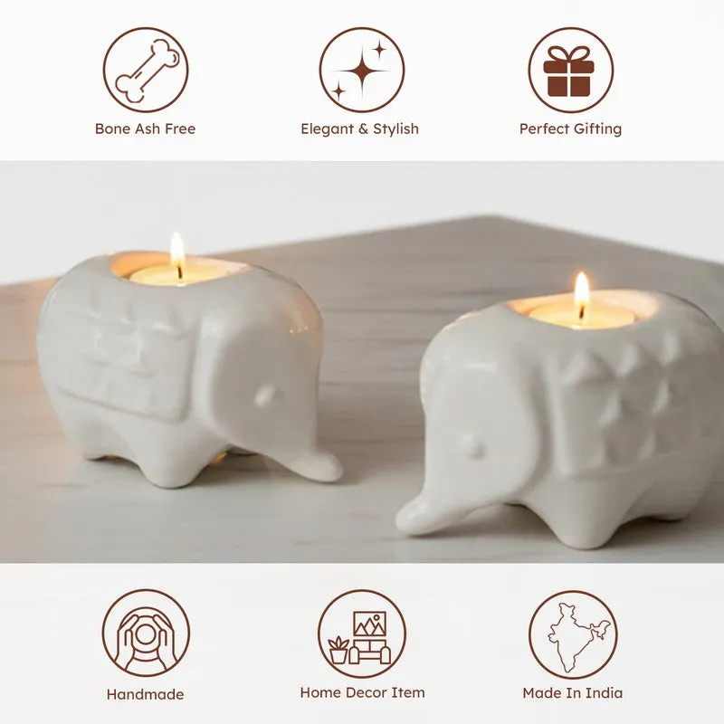 Ebony Elephant Ceramic Tea Light Candle Holders (White) - Set Of Two media 6