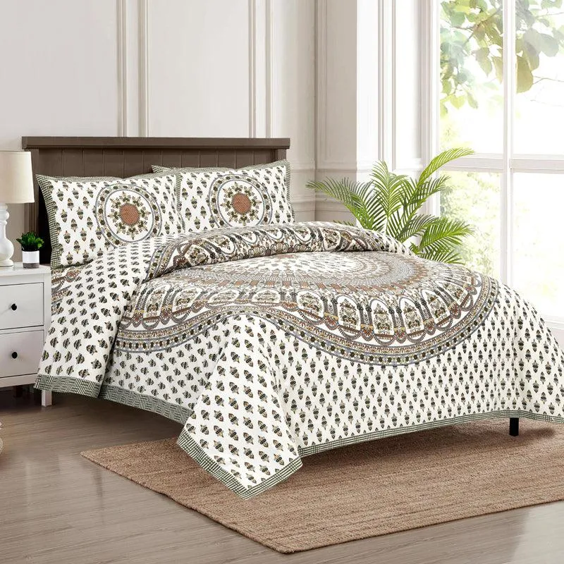 Navika Ethnic Cotton Flat Bedsheet (White & Olive) - 160 TC media 1