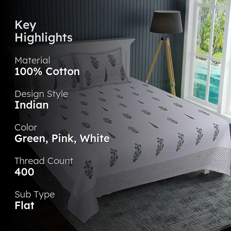 WhiteBloom Handblock Printed Cotton Bedsheet (Pink) - 400 TC media 2