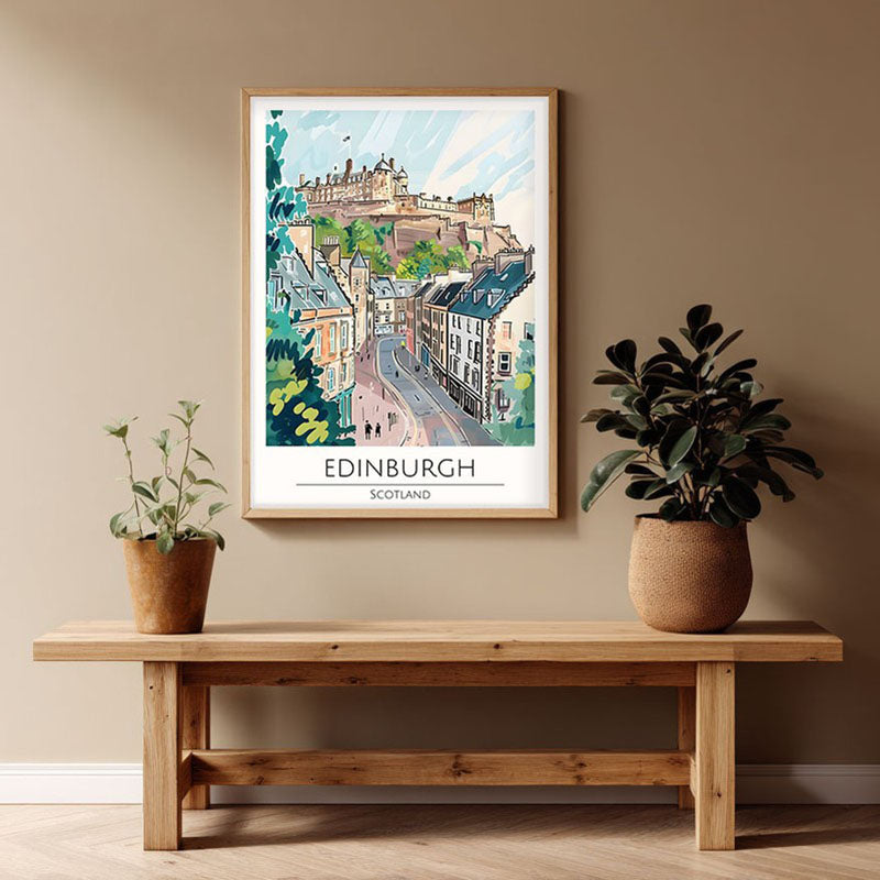 Vintage Edinburgh Framed Canvas Archival Canvas Wall Painting - Natural Brown Frame