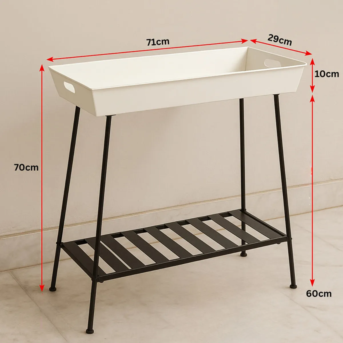 Black planter stand with white tray shown with feature callouts and potted plants