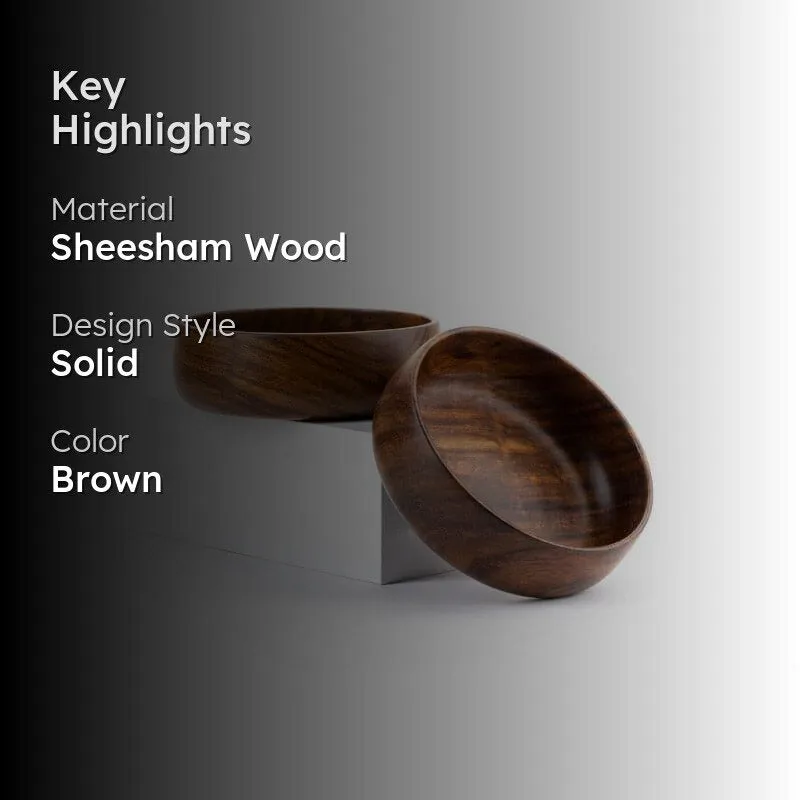 Brown wooden bowls with highlight text on material, style and colour