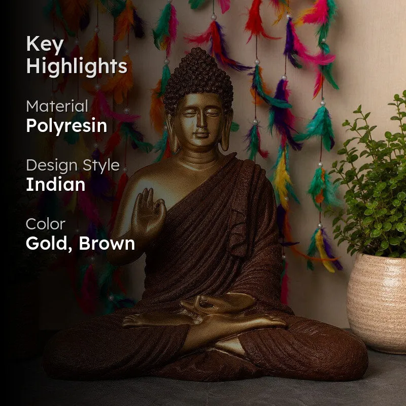 Brown and gold Buddha idol with material and colour highlights