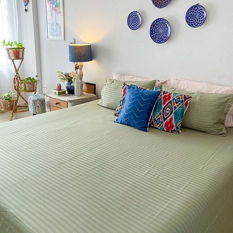 Le Coton Striped Solid Cotton Bedsheet (Olive Green) - 250 TC media 7