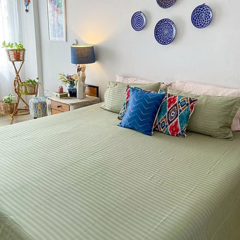 Le Coton Striped Solid Cotton Bedsheet (Olive Green) - 250 TC media 7