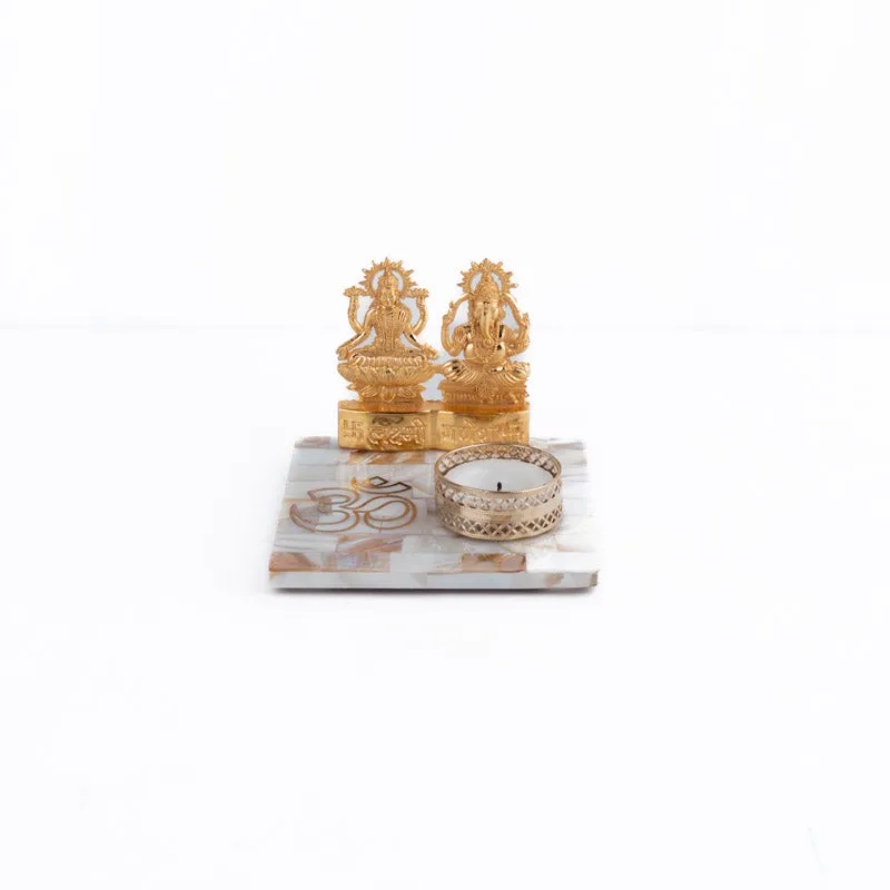 Laxmi Ganesha Om Mother of Pearl Tealight Candle Holder media 5