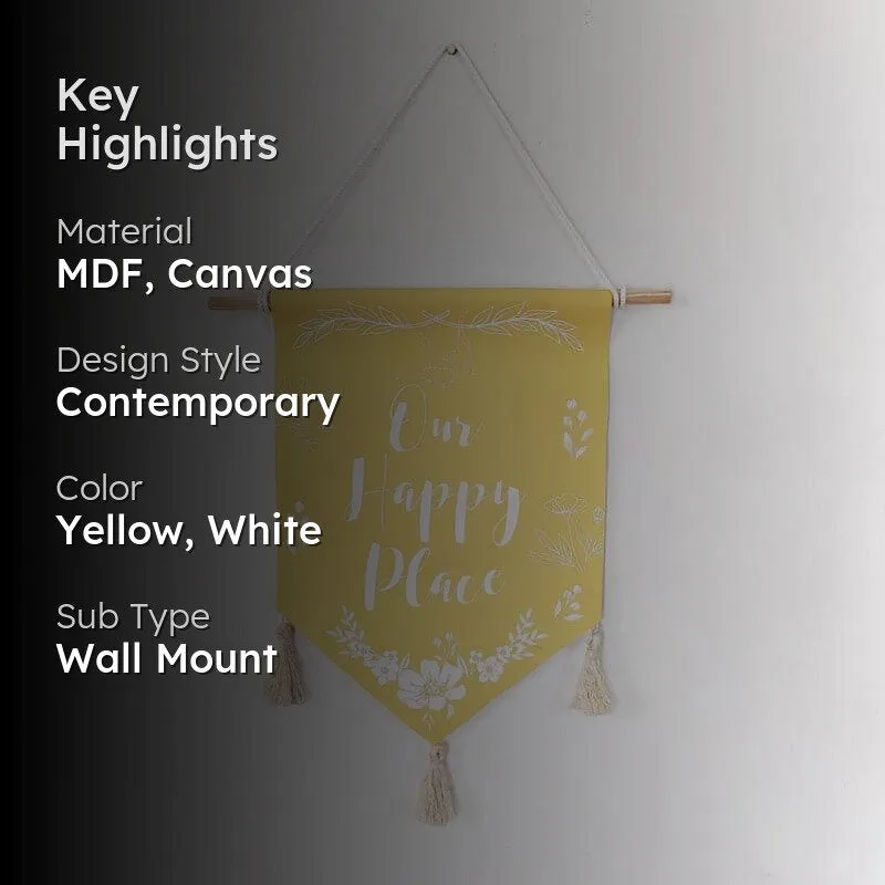 Yellow wall hanging with key highlights text overlay