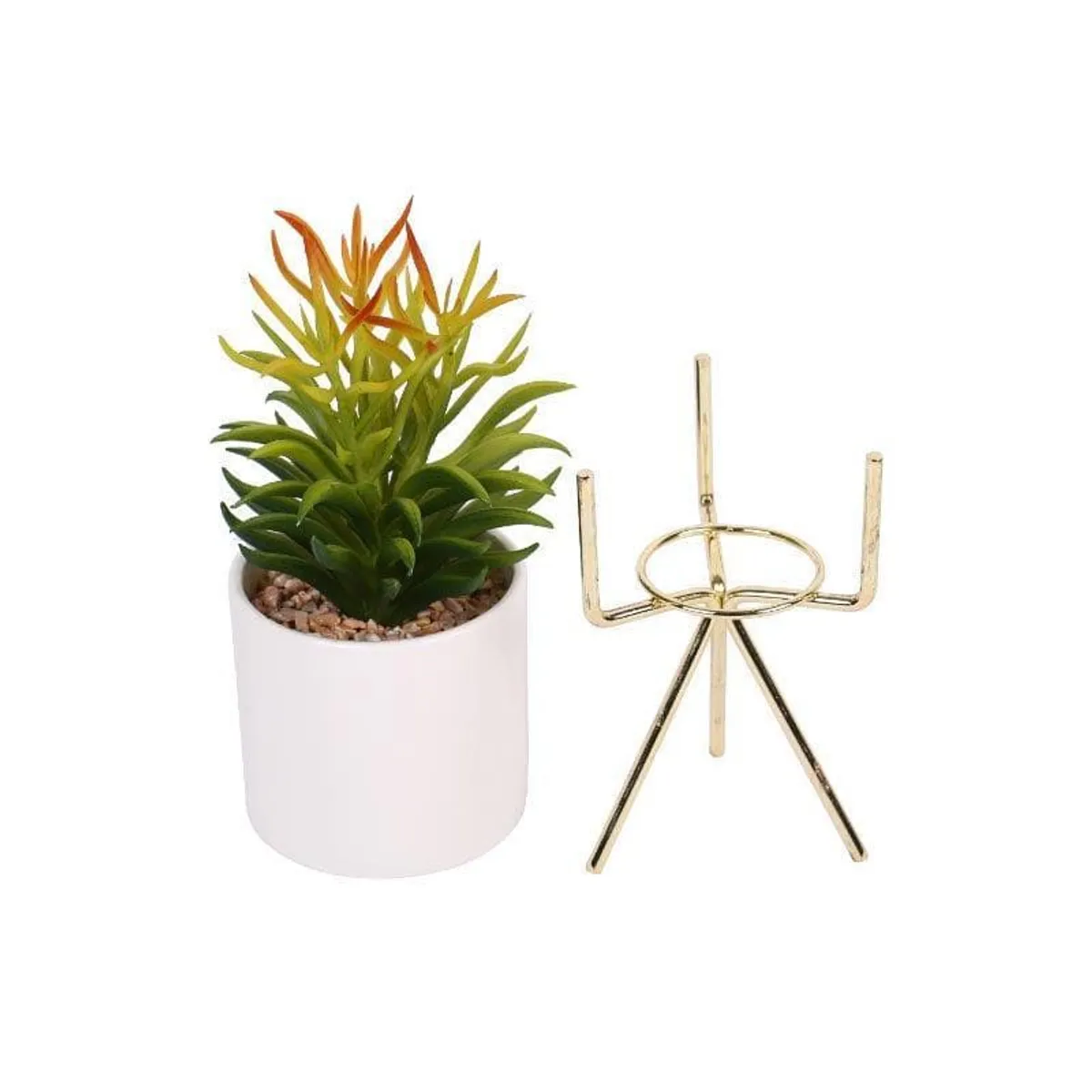 Faux Euphorbia in a white pot beside its separate gold tripod stand