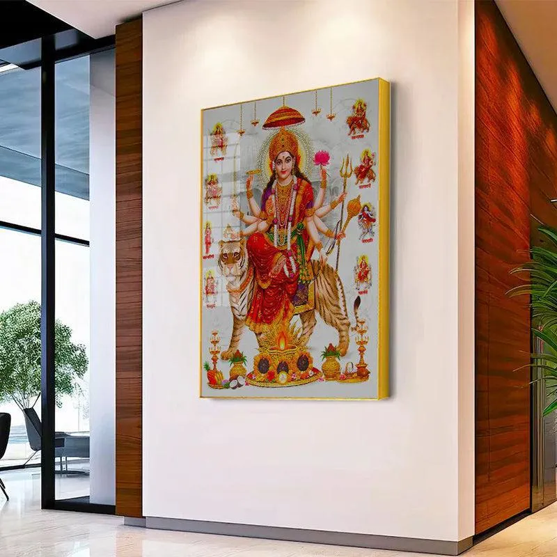 Fierce Matha Durga Spiritual Canvas Wall Art With Frame - Gold media 1