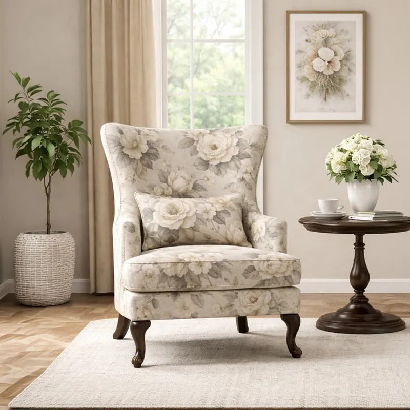 Willow Teak Wood & Velvet Garden Floral Lounge Chair media 1