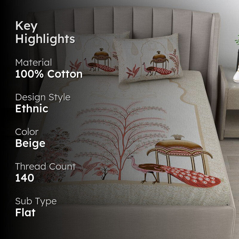 Pushpa Paradise Ethnic Cotton Bedsheet (Beigw) - 140 TC media 2
