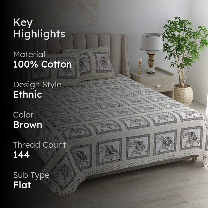 Trunks n Tusks Cotton Bedsheet (Brown) - 144 TC media 2