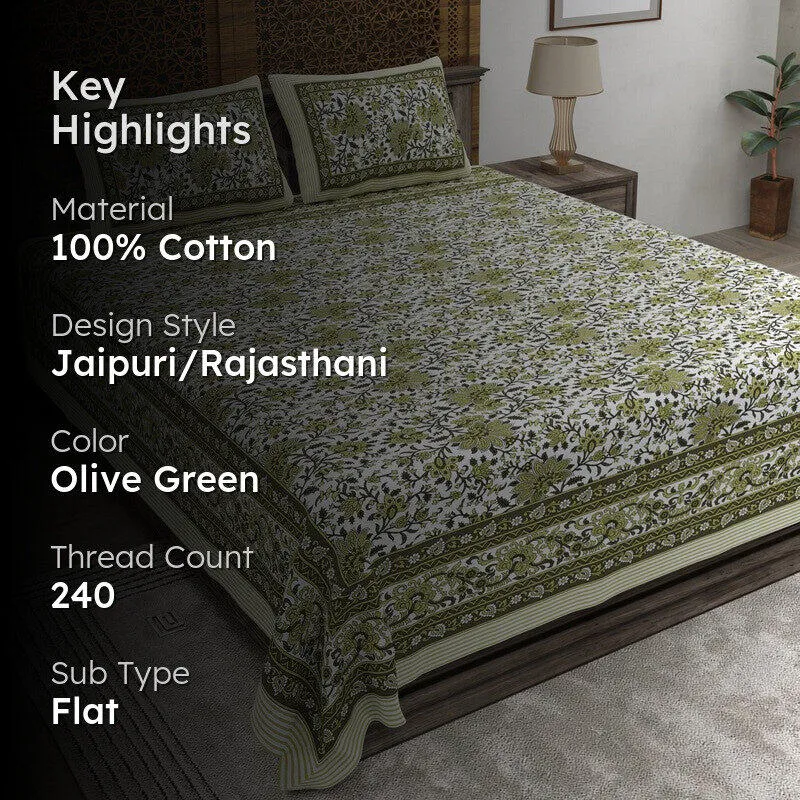 Artix Cotton Bedsheet (Olive Green) - 240 TC media 2