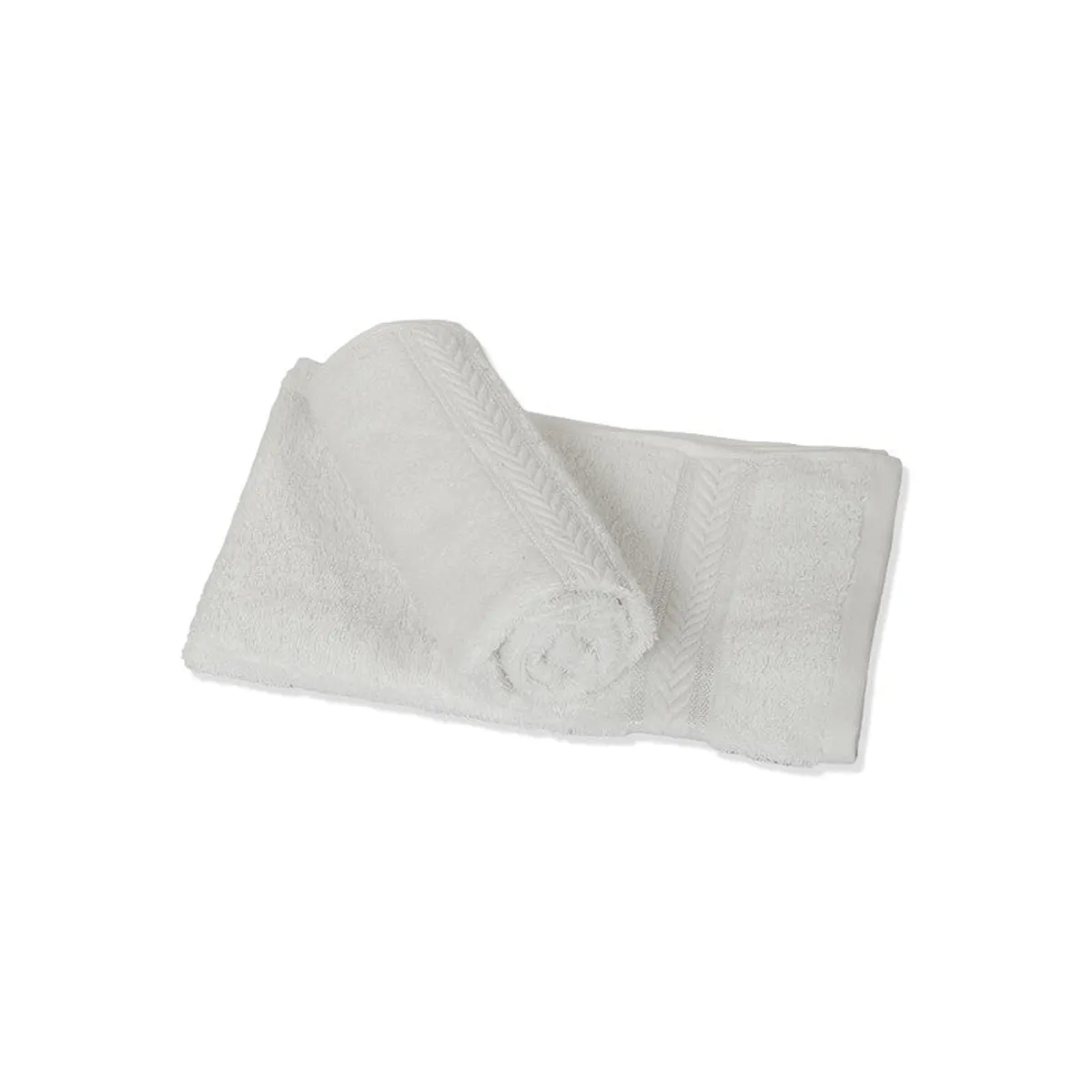 Rolled and folded white towels showing their textured chevron borders