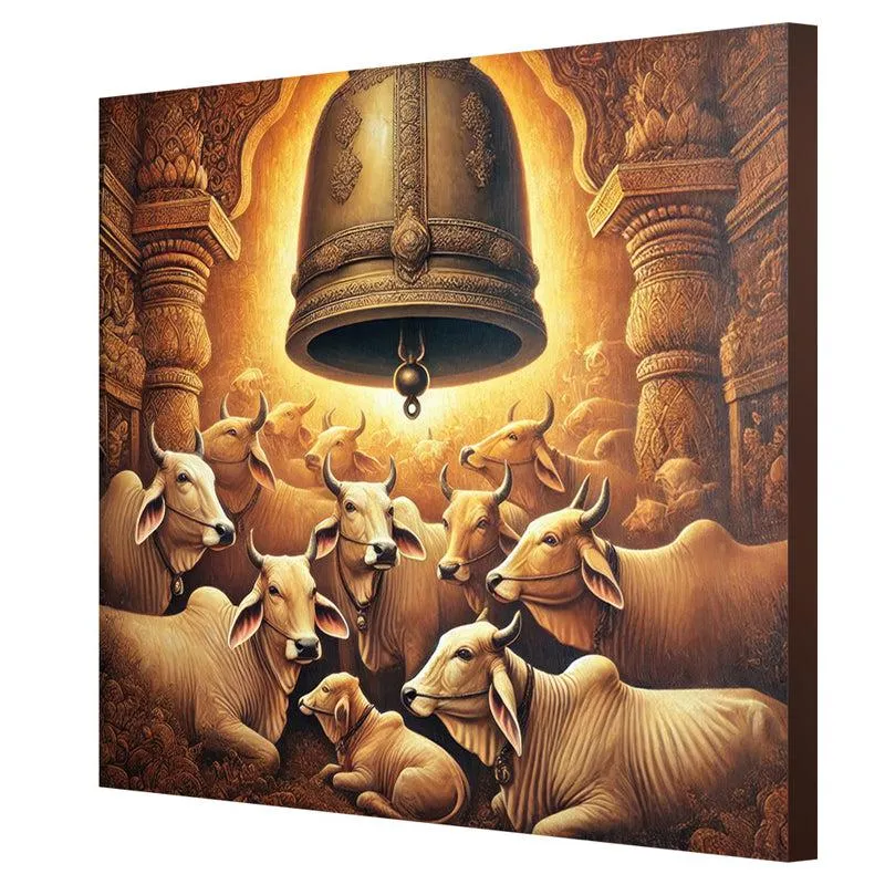 Temple Bell with Resting Cows Poly Canvas Wall Painting media 5