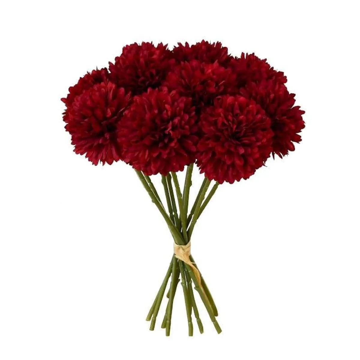 Red artificial chrysanthemum bunch shown without a vase