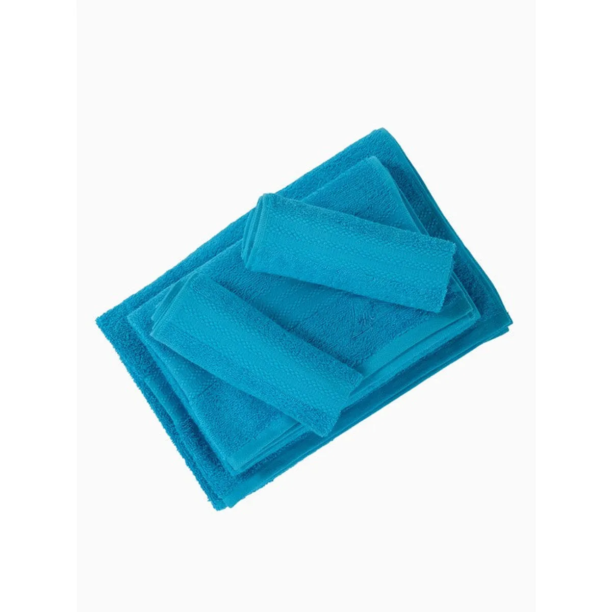 Four sky blue towels arranged in a layered stack on a white background.