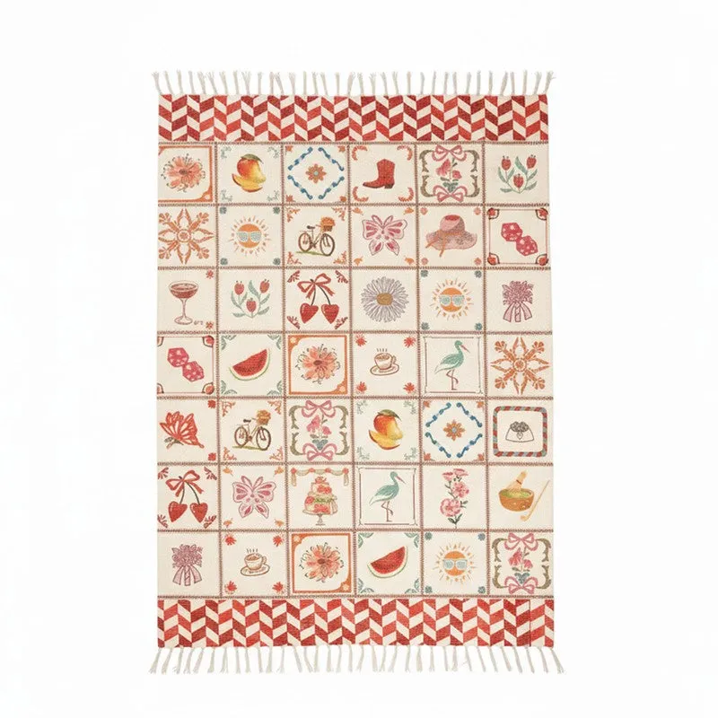 Rectangular multicolour carpet with tiled motifs, red borders and tasselled edges
