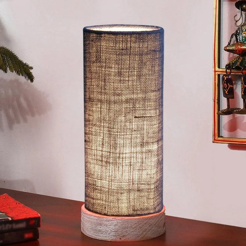 Ocra Tower Wooden Table Lamp With Jute Shade - Blue media 1