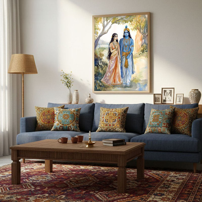 Radha Krishna Spiritual Archival Paper Wall Painting - Natural Brown Frame media 4