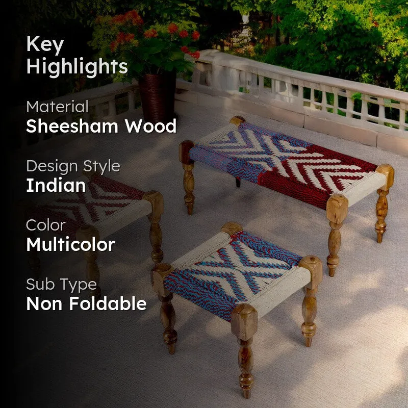 Flexo Sheesham Wooden Bench with Stools (Multicolor) - Three Piece Set media 2