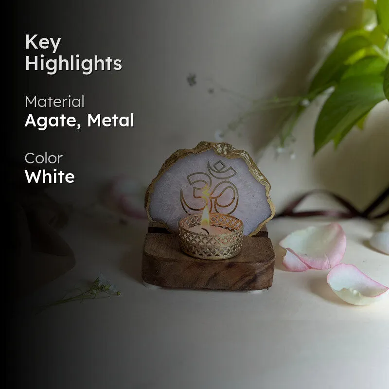 Om Handcrafted Agate Religious Accent With Tealight Candle Holder - White media 2