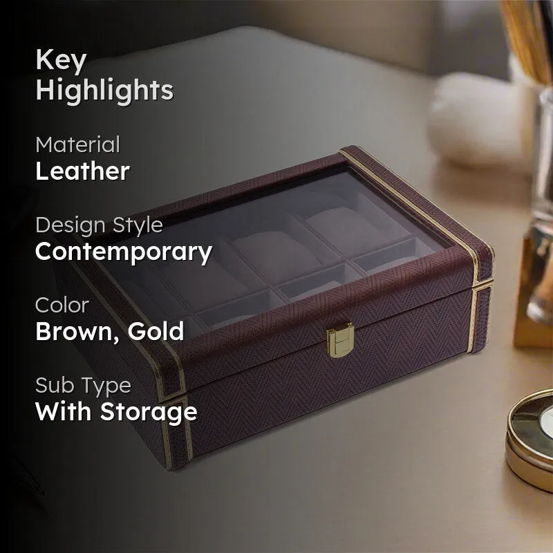 Vautch Faux Leather Watch Organizer - Brown & Gold media 2