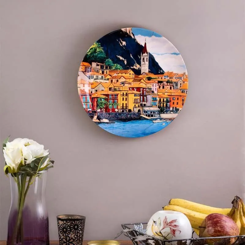 Round cityscape decorative plate displayed on a wall